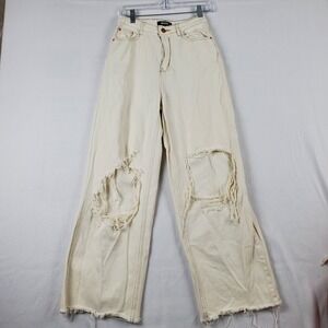 Missguided Jeans Women's 6 Cream Denim 100% Cotton High-Rise Distressed Zip Fly‎
